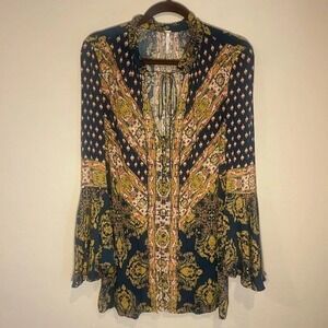 Free People Navy Blue Gold Print Bell Sleeve Tunic Top Women's Size S
